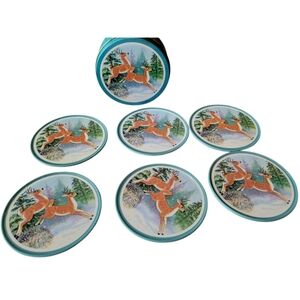 Reindeer Themed Vintage Coasters Set Of 6 With Metal Canister Holiday Christmas